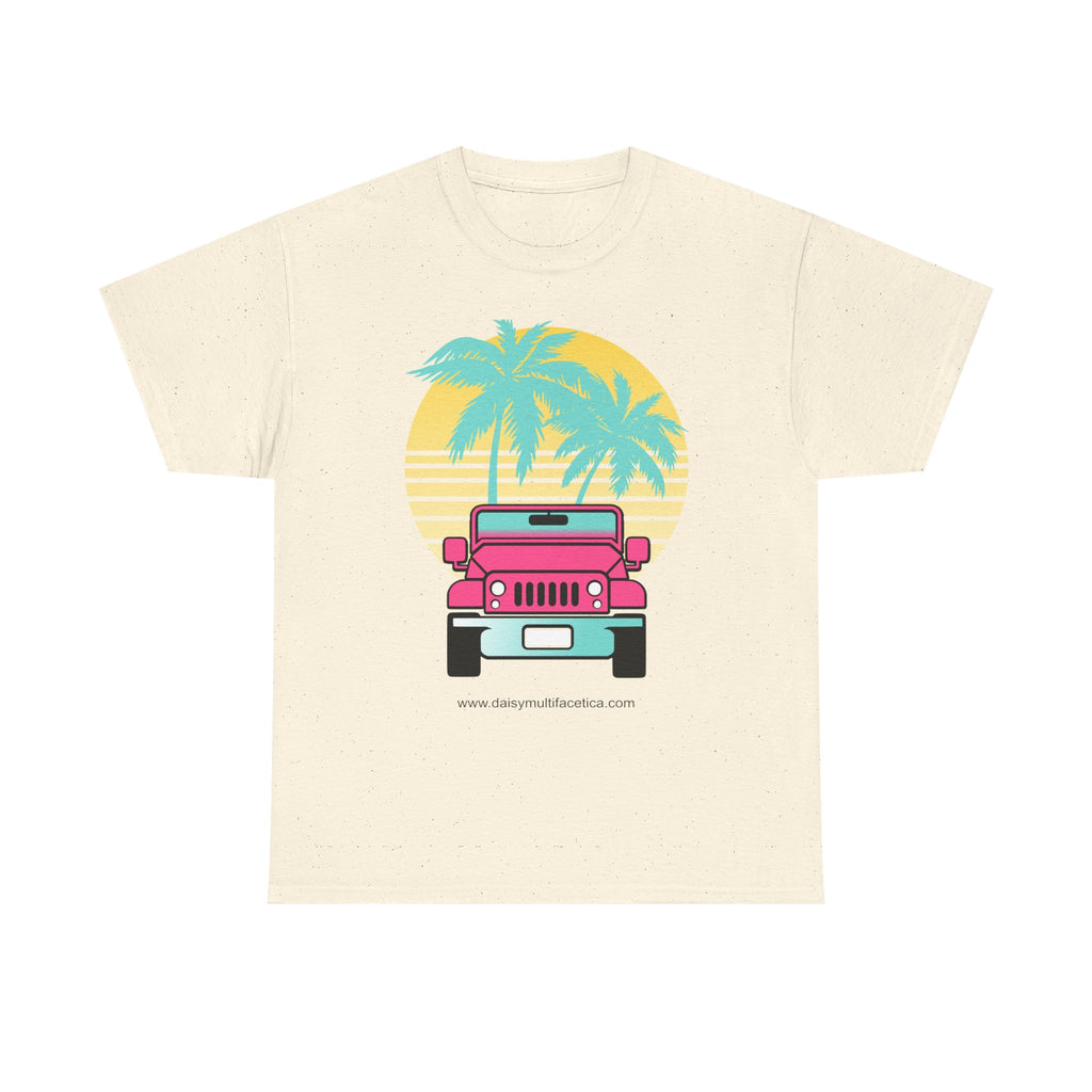 Retro Pink Jeep Tee — Tropical Palm Sunset Vintage Beach T-Shirt