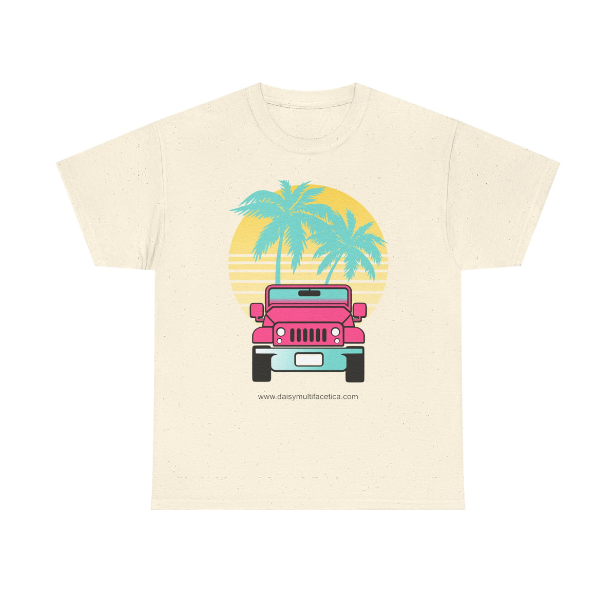 Retro Pink Jeep Tee — Tropical Palm Sunset Vintage Beach T-Shirt