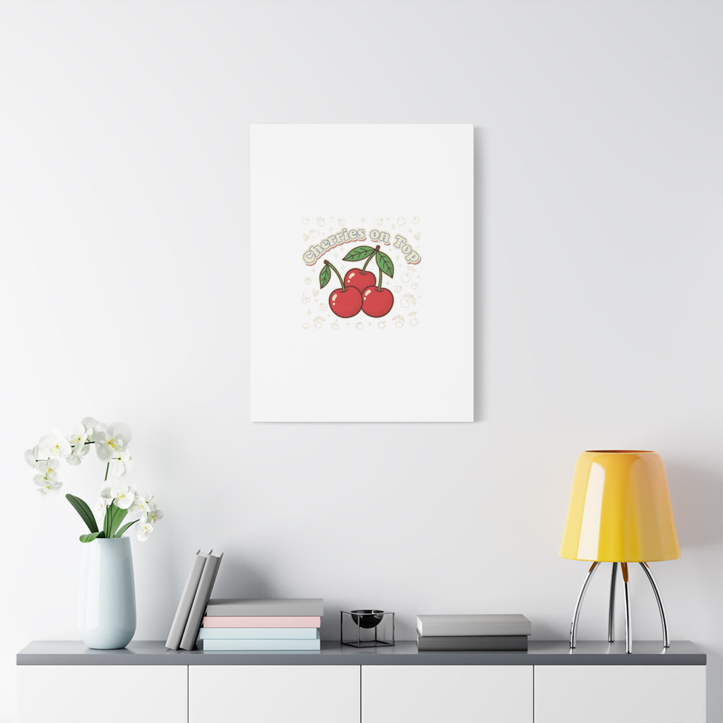 Cherries on Top Canvas | Retro Kawaii Fruit Print, Cherry Wall Art