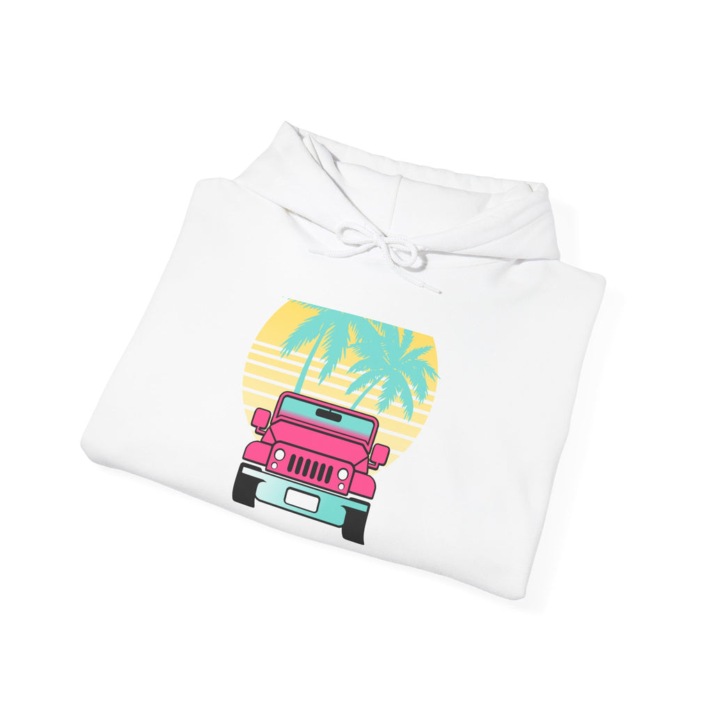 Retro Pink Jeep Hoodie – Tropical Sunset Palm Beach Vibe