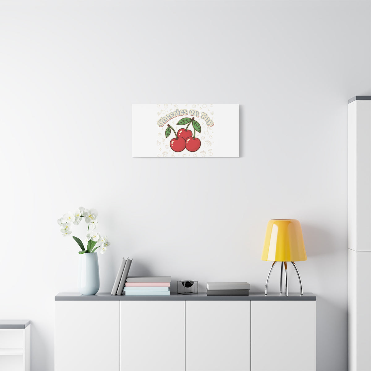 Cherries on Top Canvas | Retro Kawaii Fruit Print, Cherry Wall Art
