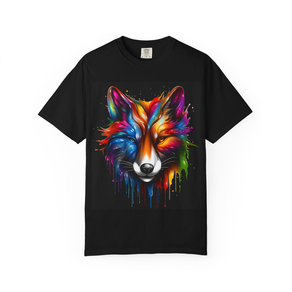 Colorful Fox Face T-Shirt — Vibrant Drip Art Graphic Tee
