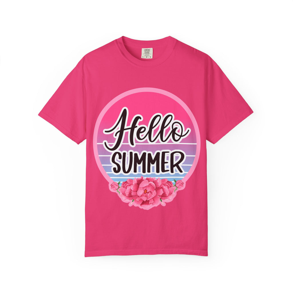 Hello Summer T-Shirt — Pink Retro Sunset Floral Tee