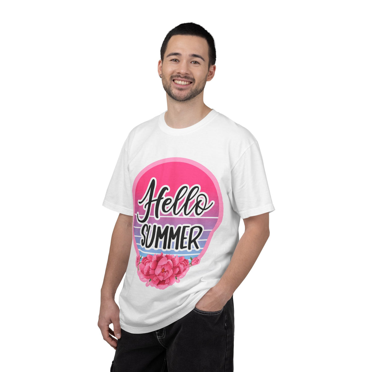 Hello Summer T-Shirt — Pink Retro Sunset Floral Tee