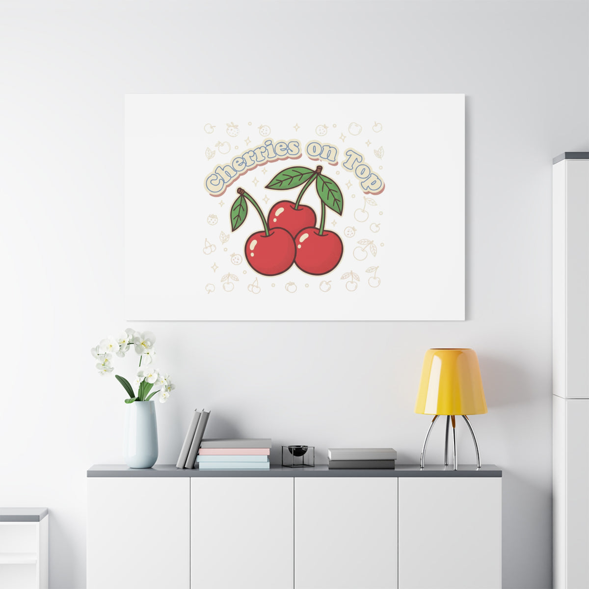Cherries on Top Canvas | Retro Kawaii Fruit Print, Cherry Wall Art
