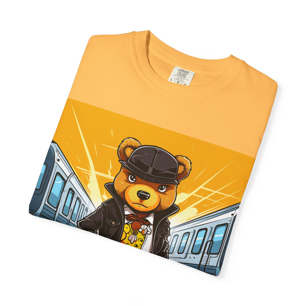 Streetwear Teddy Bear Graphic T-Shirt — Urban Train Station Design