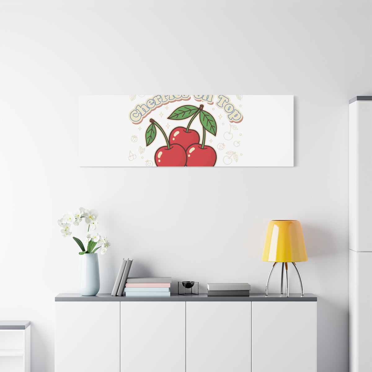 Cherries on Top Canvas | Retro Kawaii Fruit Print, Cherry Wall Art