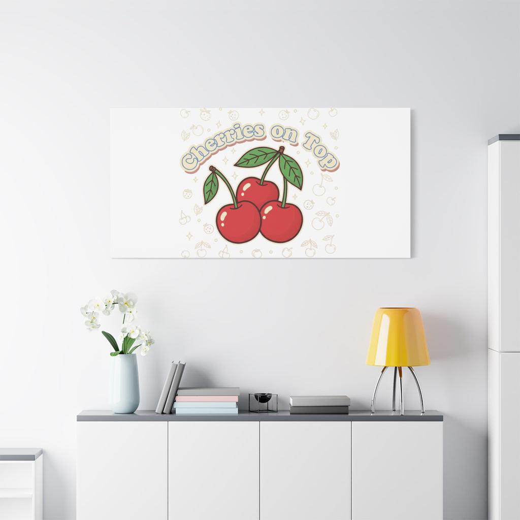 Cherries on Top Canvas | Retro Kawaii Fruit Print, Cherry Wall Art