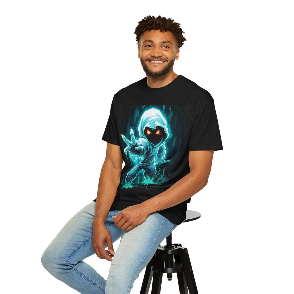 Ghostly Hooded Spirit T-Shirt — Neon Blue Phantom Graphic Tee