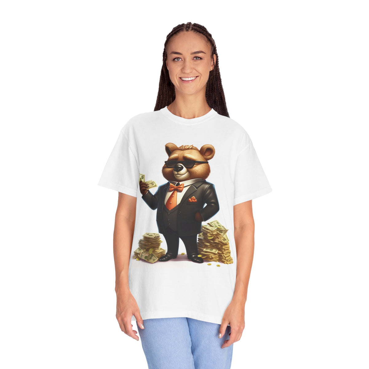 Rich Bear Money Tee — Cartoon Bear in Suit Holding Cash T-Shirt