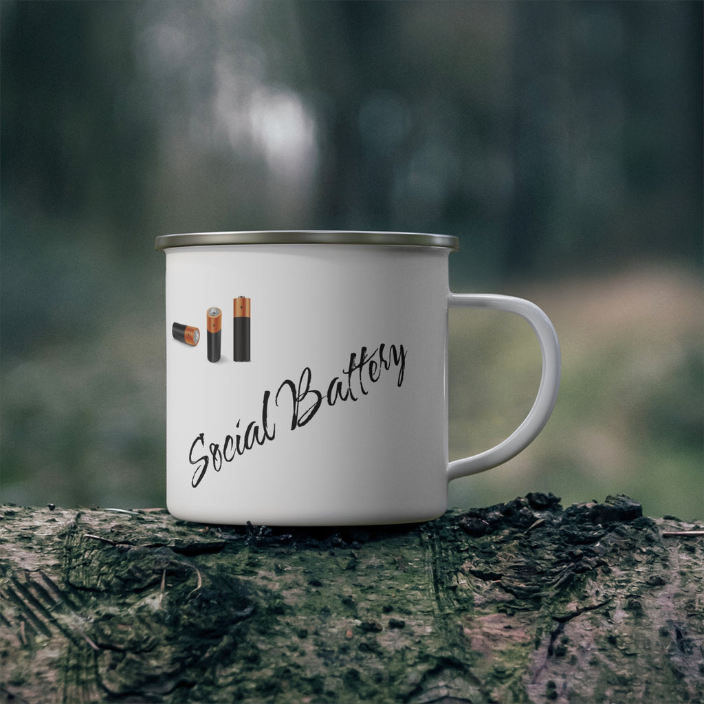 Enamel Camping Mug — "Recharging My Social Battery" Camping Coffee Cup
