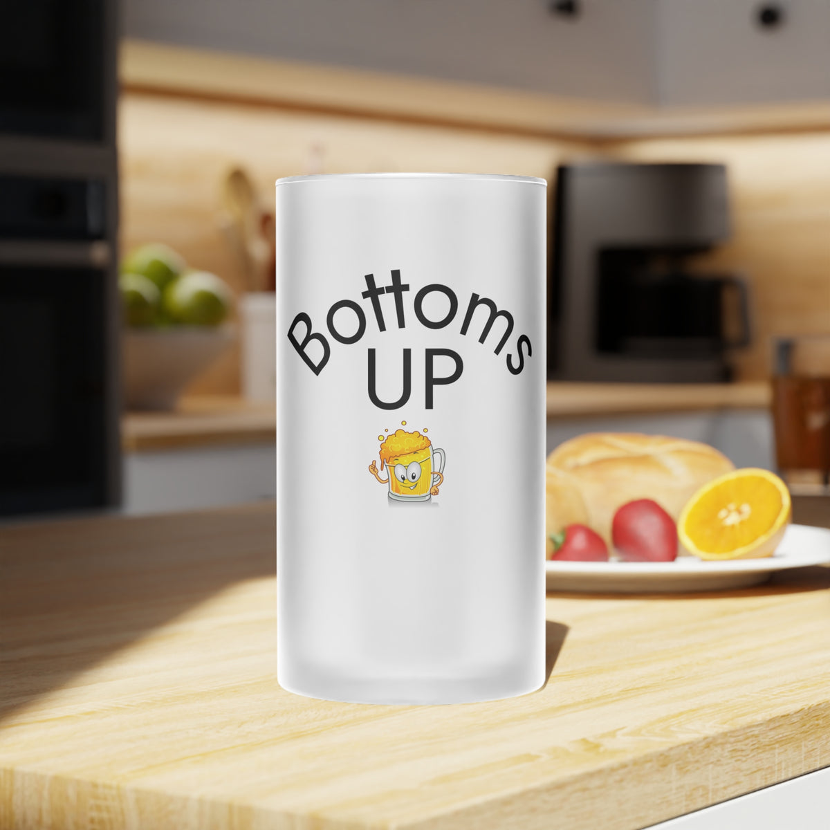 Frosted Beer Mug — "Bottoms Up" Funny Cartoon Beer Stein, Gift for Beer Lovers