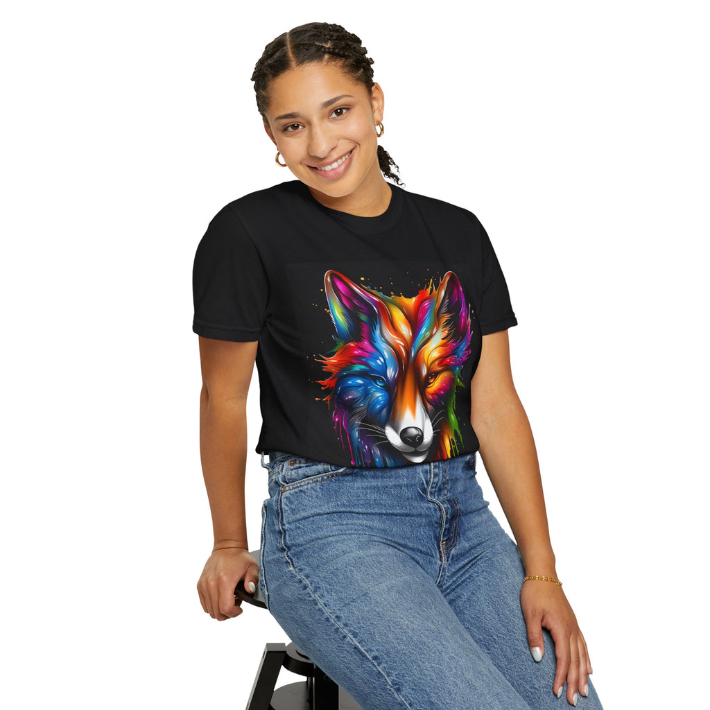 Colorful Fox Face T-Shirt — Vibrant Drip Art Graphic Tee