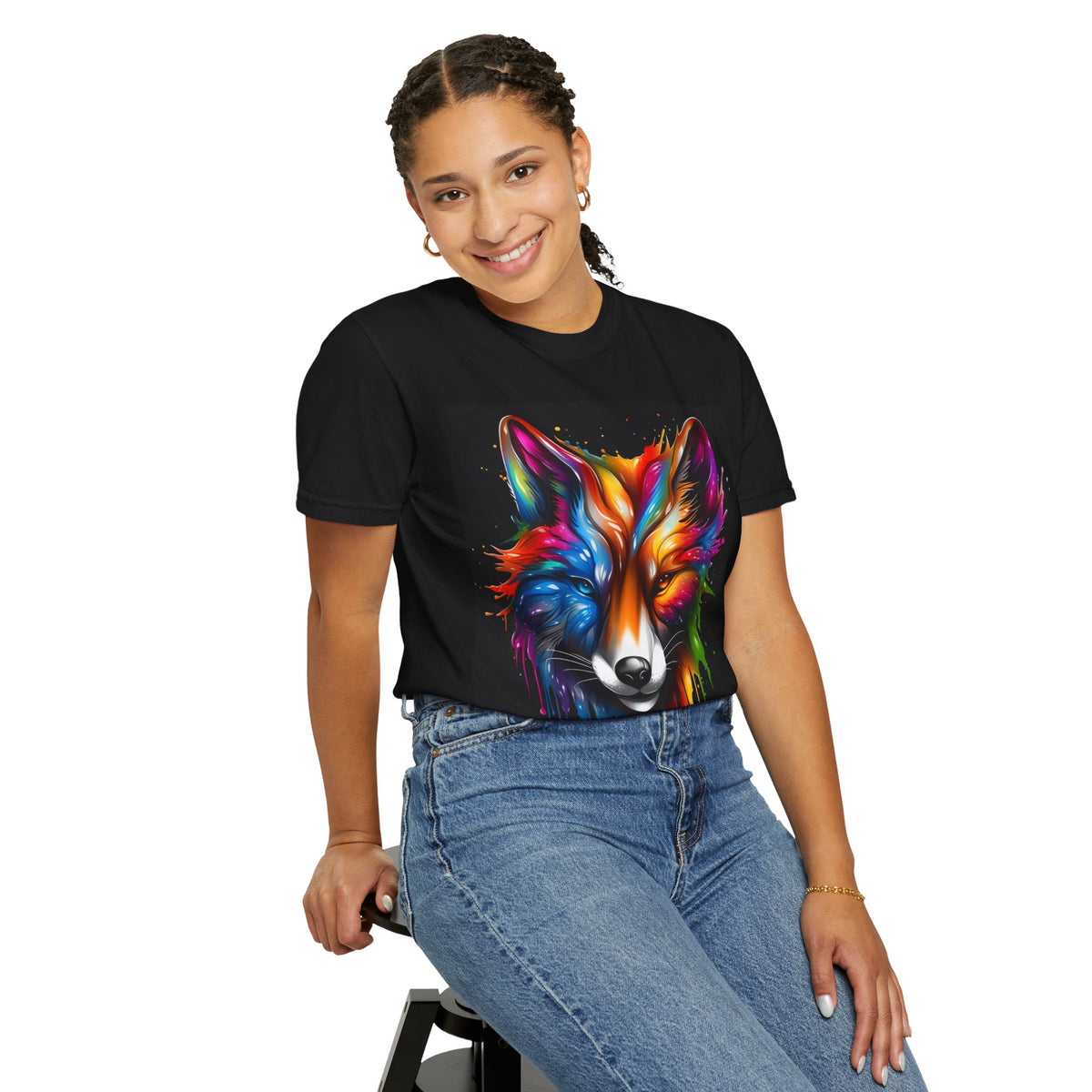 Colorful Fox Face T-Shirt — Vibrant Drip Art Graphic Tee