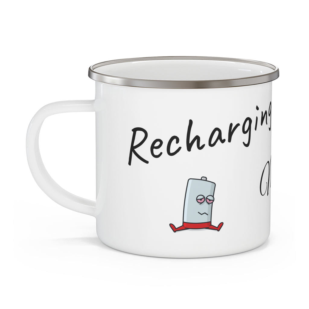 Enamel Camping Mug — "Recharging My Social Battery" Camping Coffee Cup
