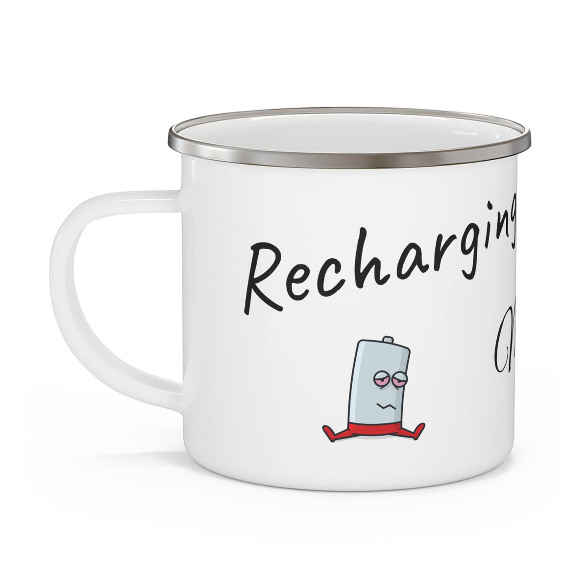 Enamel Camping Mug — "Recharging My Social Battery" Camping Coffee Cup