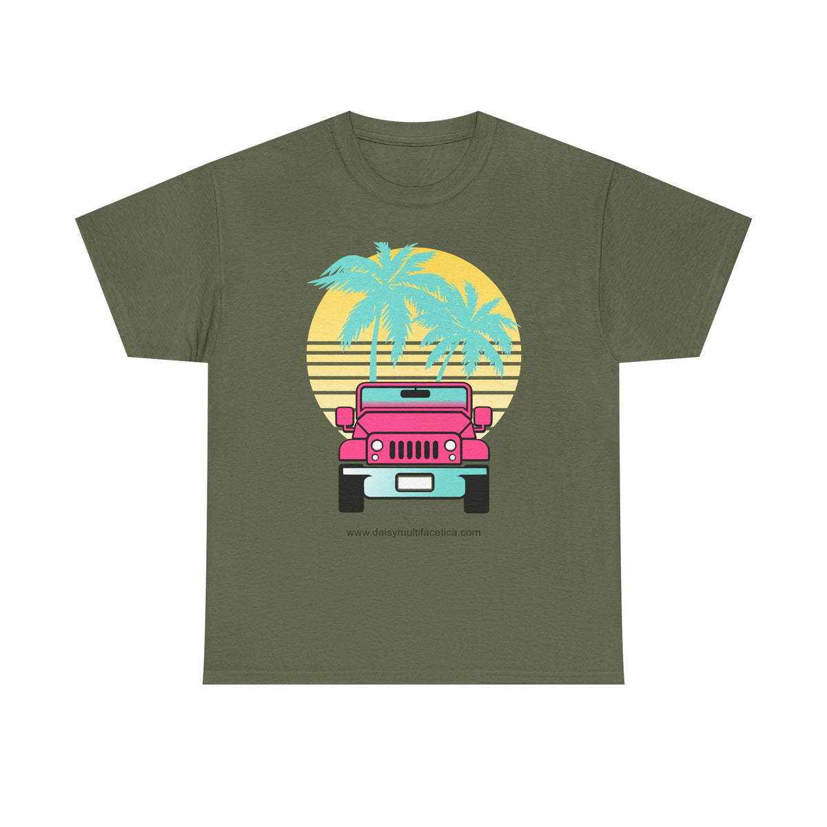 Retro Pink Jeep Tee — Tropical Palm Sunset Vintage Beach T-Shirt