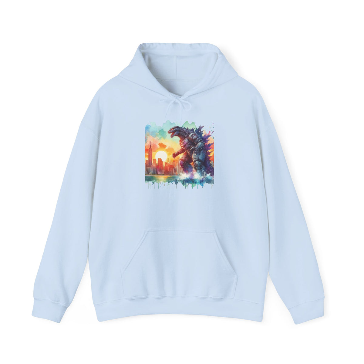 Kaiju Sunset Hoodie — Colorful Godzilla Sunset Graphic Pullover