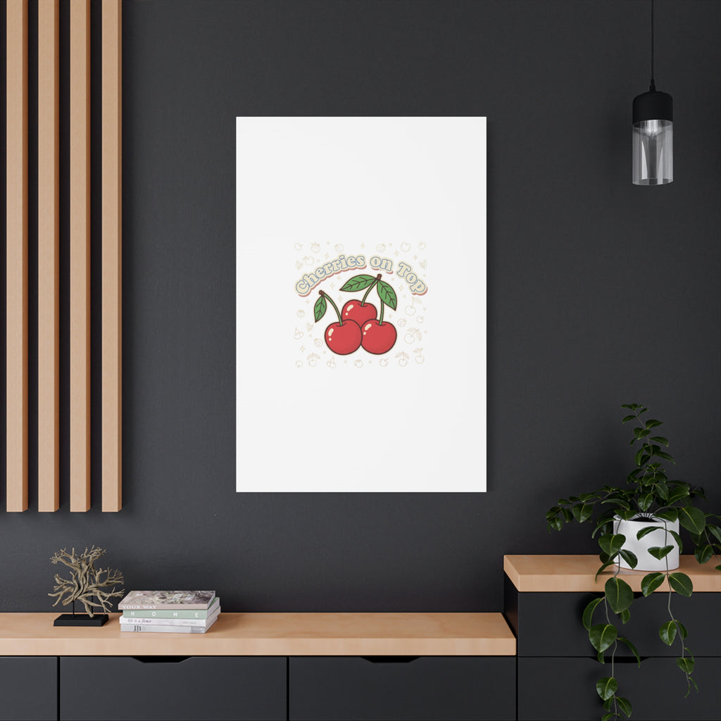 Cherries on Top Canvas | Retro Kawaii Fruit Print, Cherry Wall Art