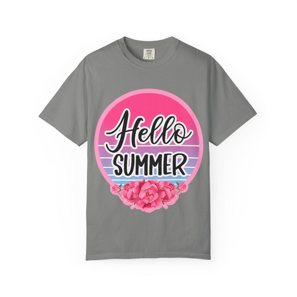 Hello Summer T-Shirt — Pink Retro Sunset Floral Tee