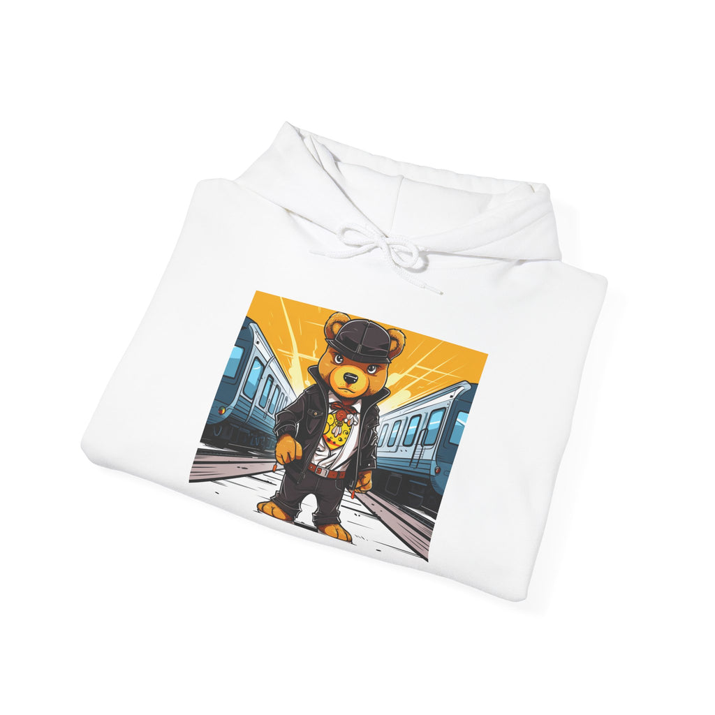 Streetwear Bear Graphic Hoodie | Urban Train Station Illustration