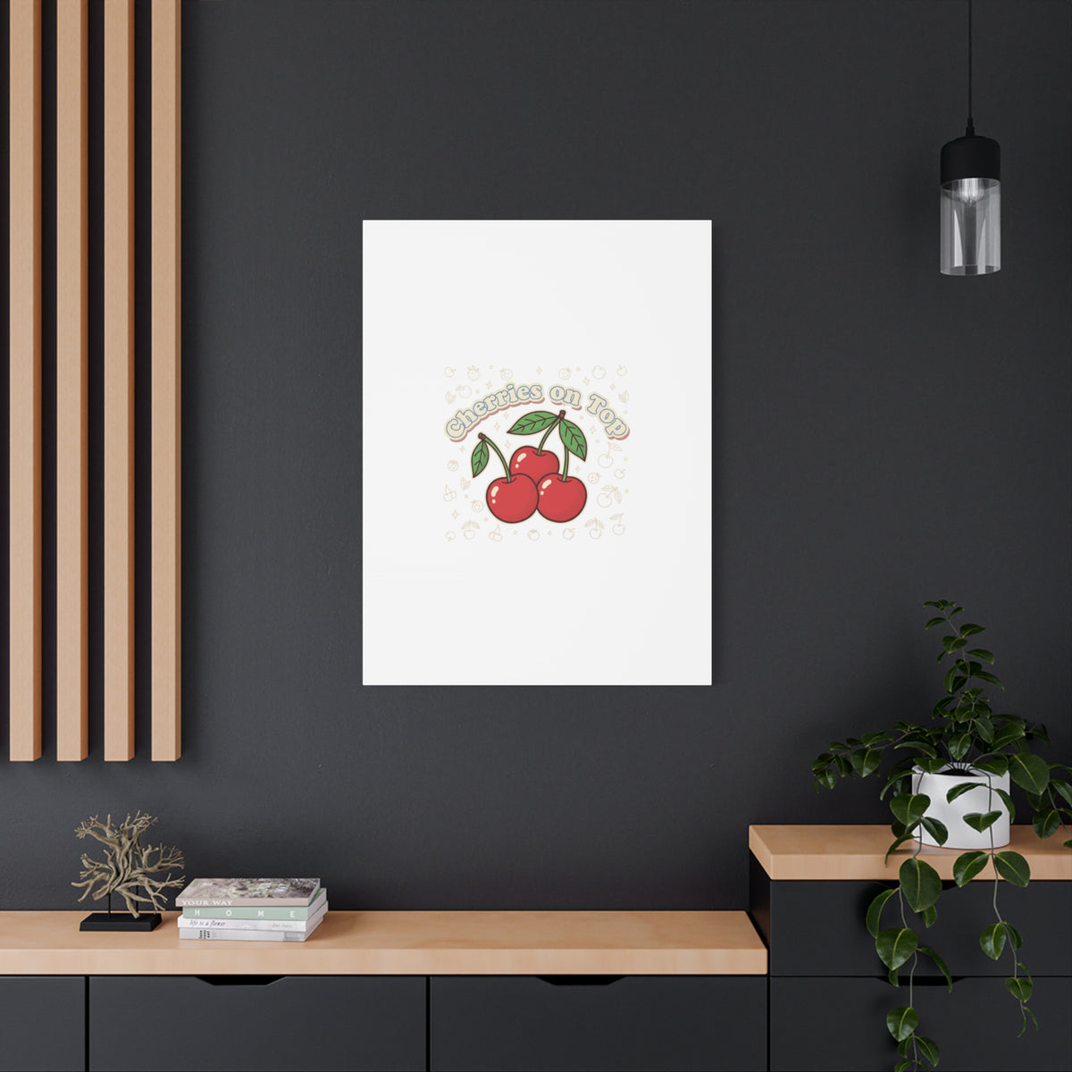 Cherries on Top Canvas | Retro Kawaii Fruit Print, Cherry Wall Art