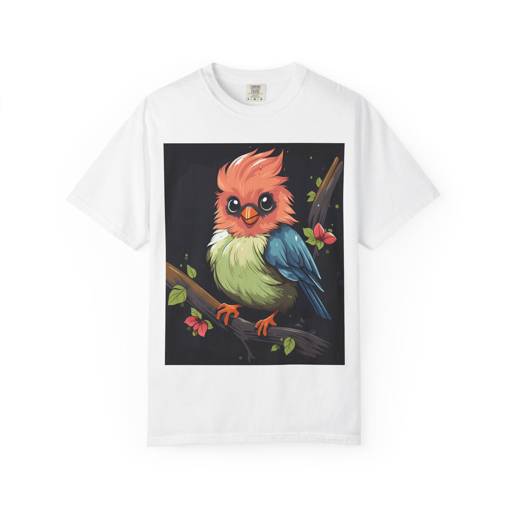 Cute Colorful Bird T-Shirt — Whimsical Cartoon Songbird Graphic Tee