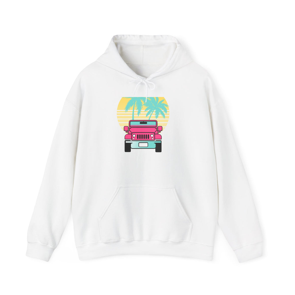 Retro Pink Jeep Hoodie – Tropical Sunset Palm Beach Vibe