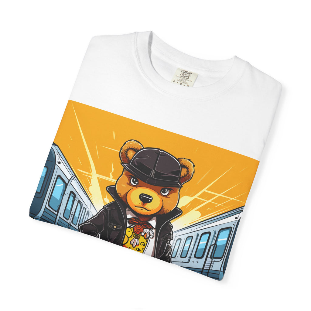 Streetwear Teddy Bear Graphic T-Shirt — Urban Train Station Design