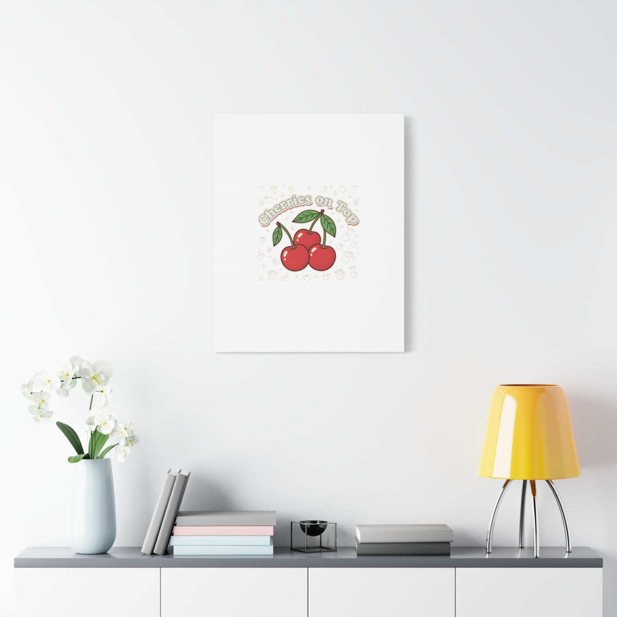 Cherries on Top Canvas | Retro Kawaii Fruit Print, Cherry Wall Art