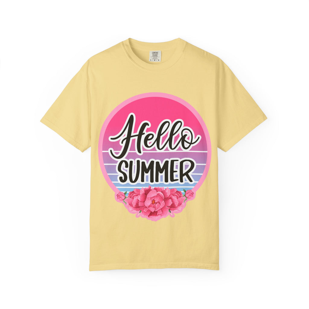 Hello Summer T-Shirt — Pink Retro Sunset Floral Tee