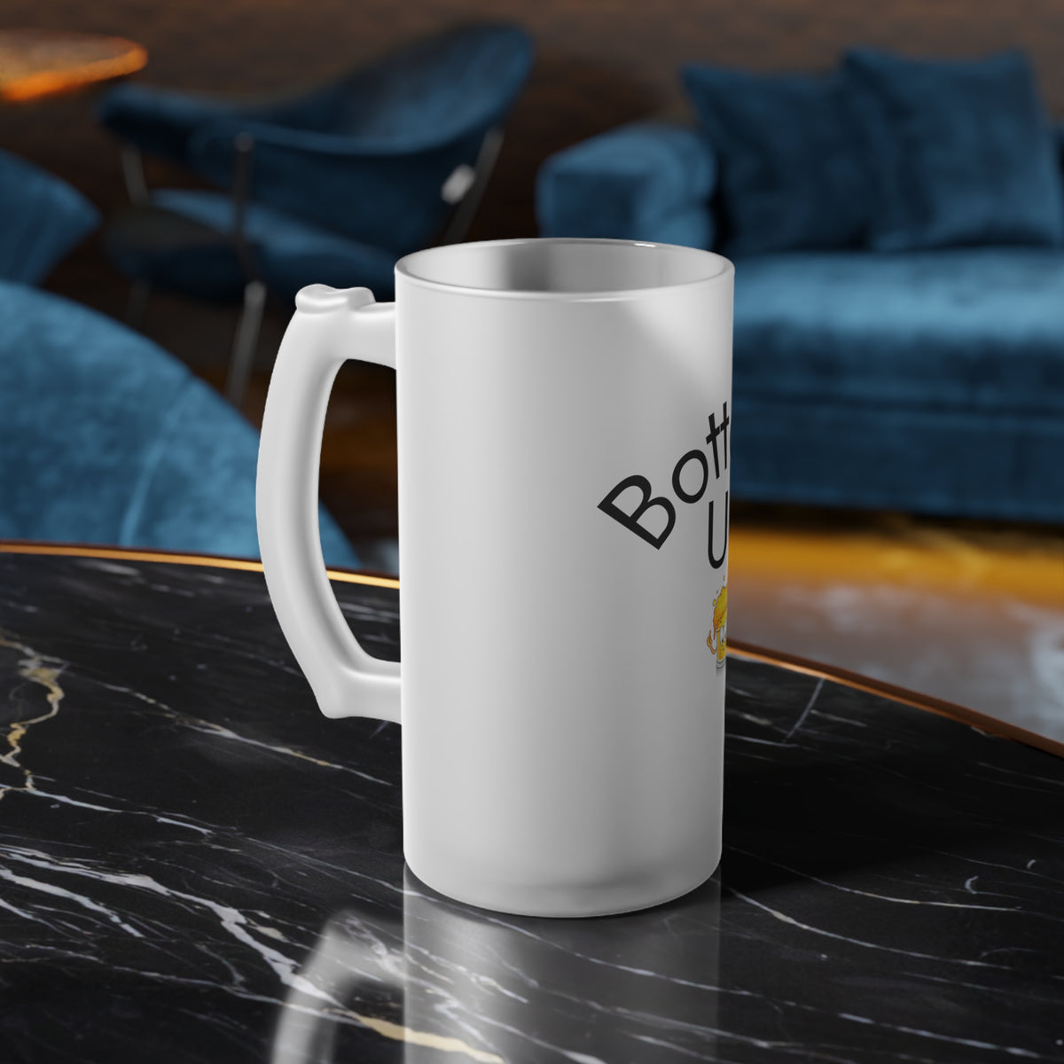 Frosted Beer Mug — "Bottoms Up" Funny Cartoon Beer Stein, Gift for Beer Lovers