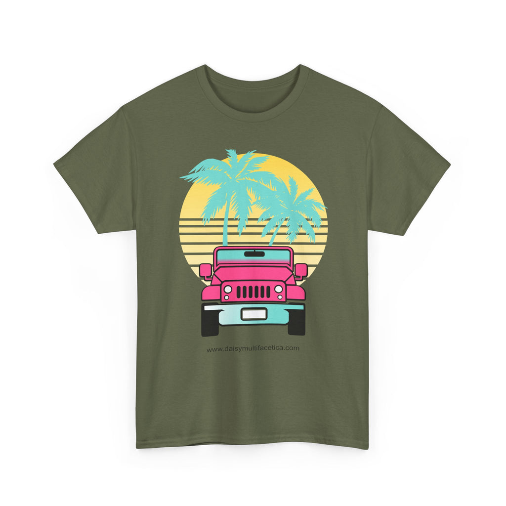 Retro Pink Jeep Tee — Tropical Palm Sunset Vintage Beach T-Shirt