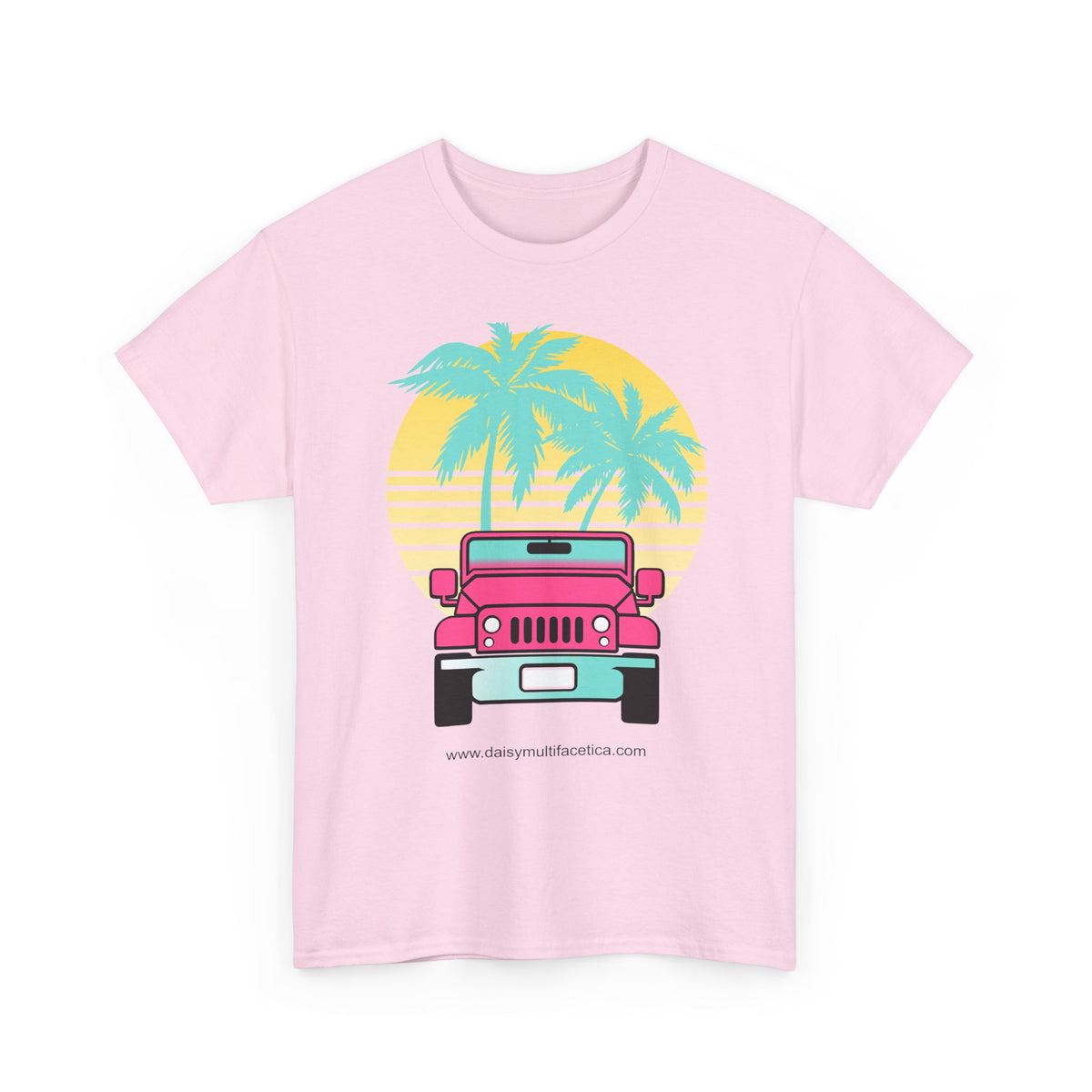 Retro Pink Jeep Tee — Tropical Palm Sunset Vintage Beach T-Shirt