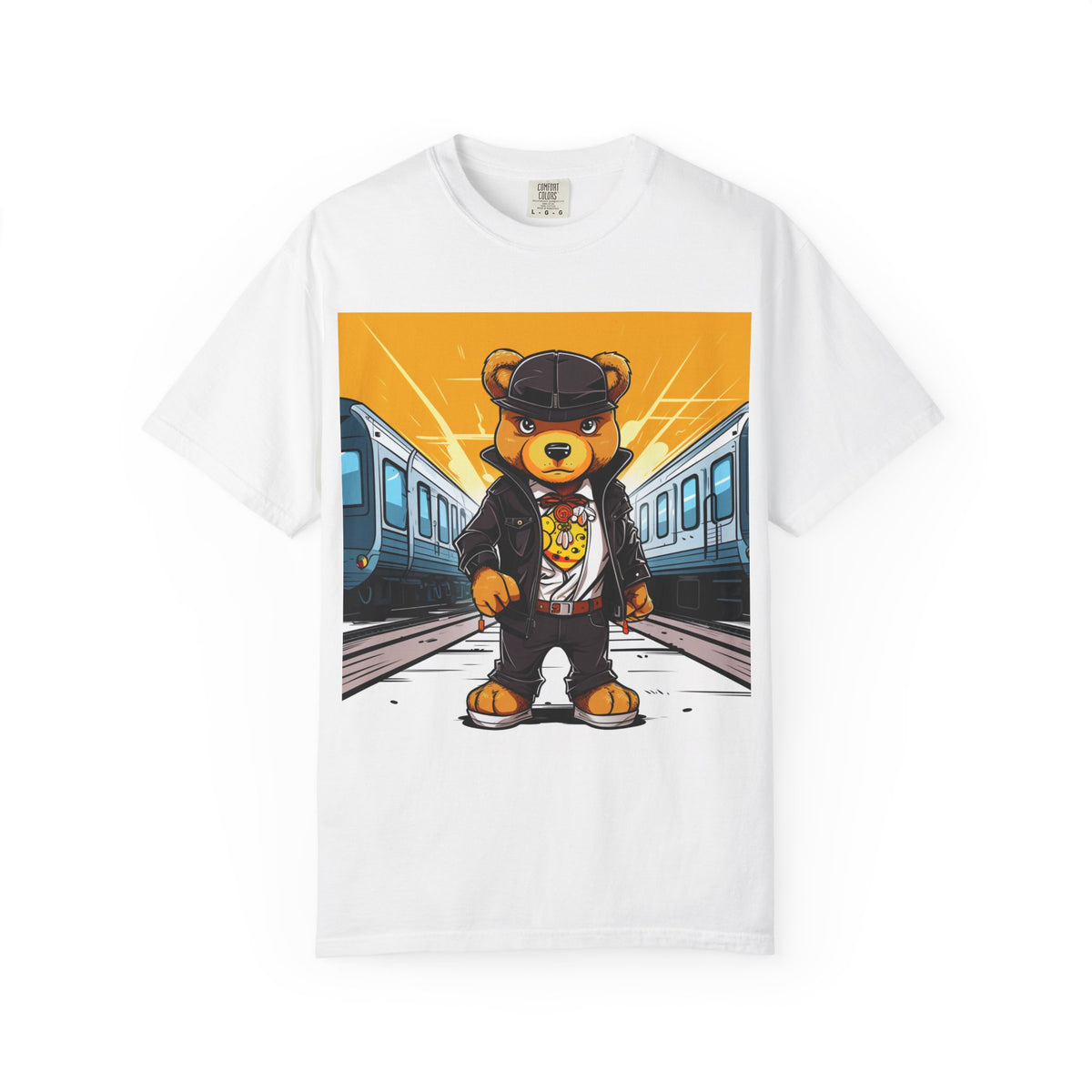 Streetwear Teddy Bear Graphic T-Shirt — Urban Train Station Design