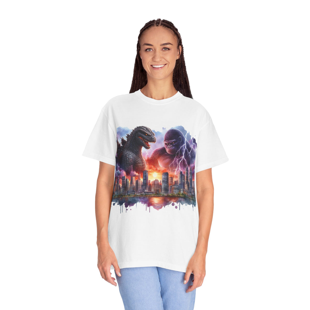 Godzilla vs Kong Skyline Battle T-Shirt | City Sunset Monster Clash