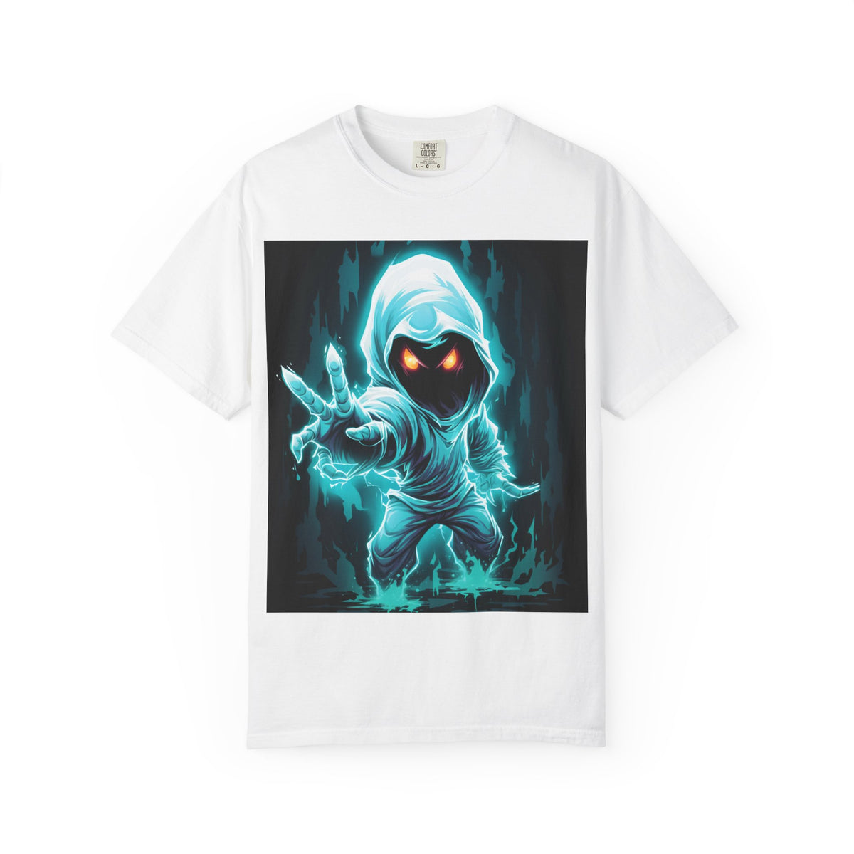 Ghostly Hooded Spirit T-Shirt — Neon Blue Phantom Graphic Tee