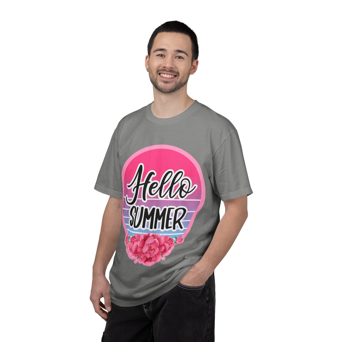 Hello Summer T-Shirt — Pink Retro Sunset Floral Tee