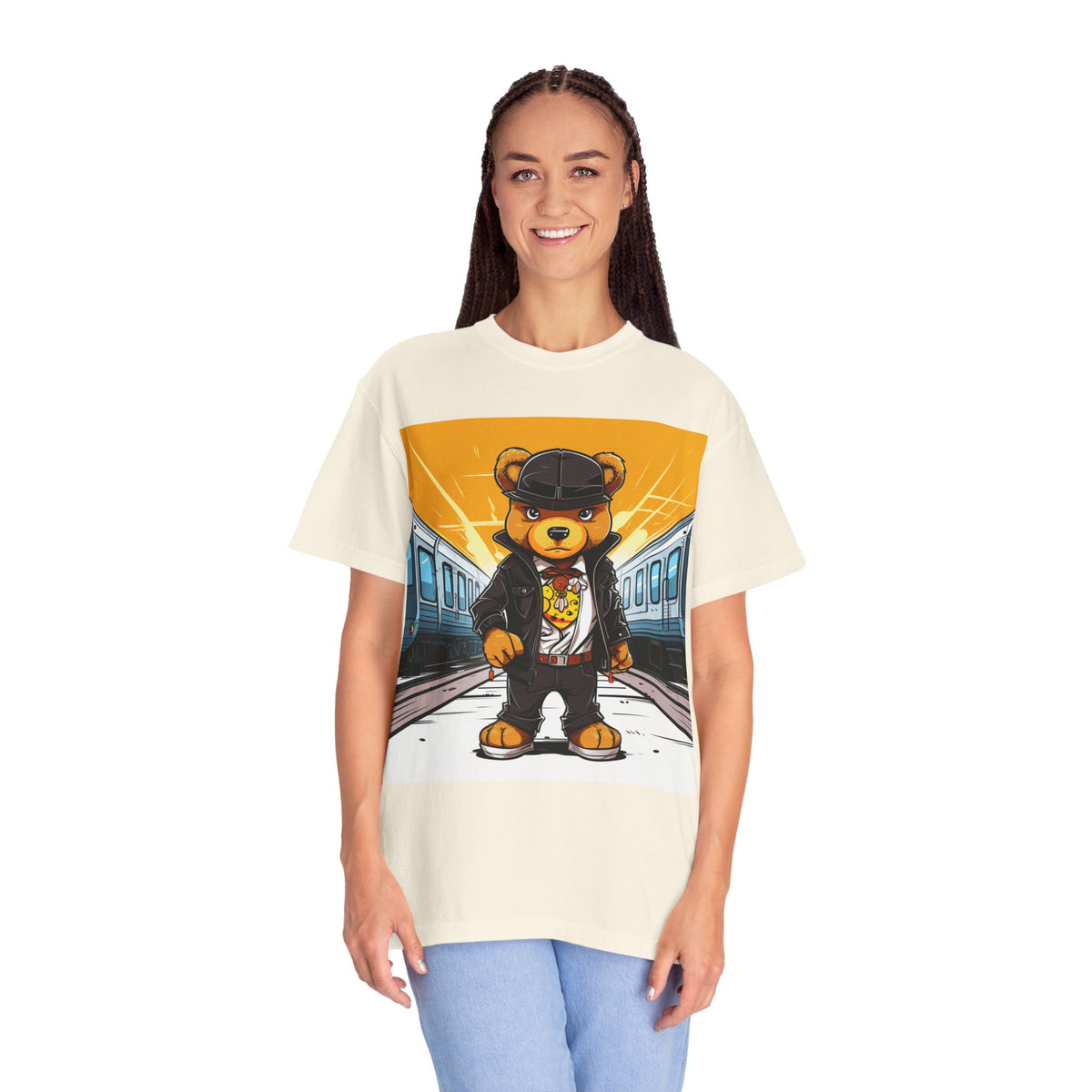 Streetwear Teddy Bear Graphic T-Shirt — Urban Train Station Design