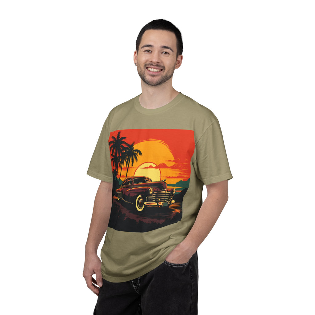 Vintage Sunset Car T‑Shirt — Retro Palm Beach Cruiser Tee