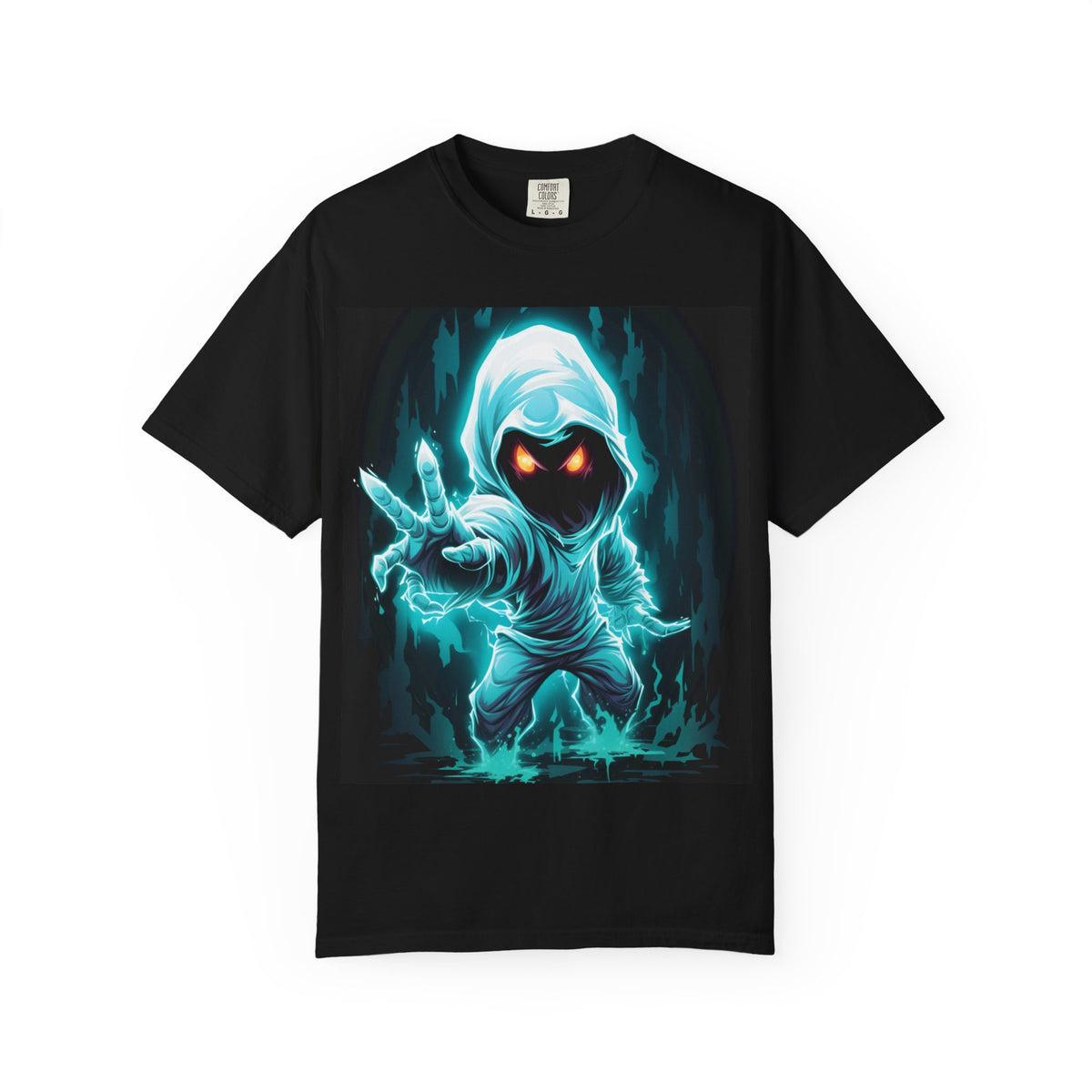 Ghostly Hooded Spirit T-Shirt — Neon Blue Phantom Graphic Tee