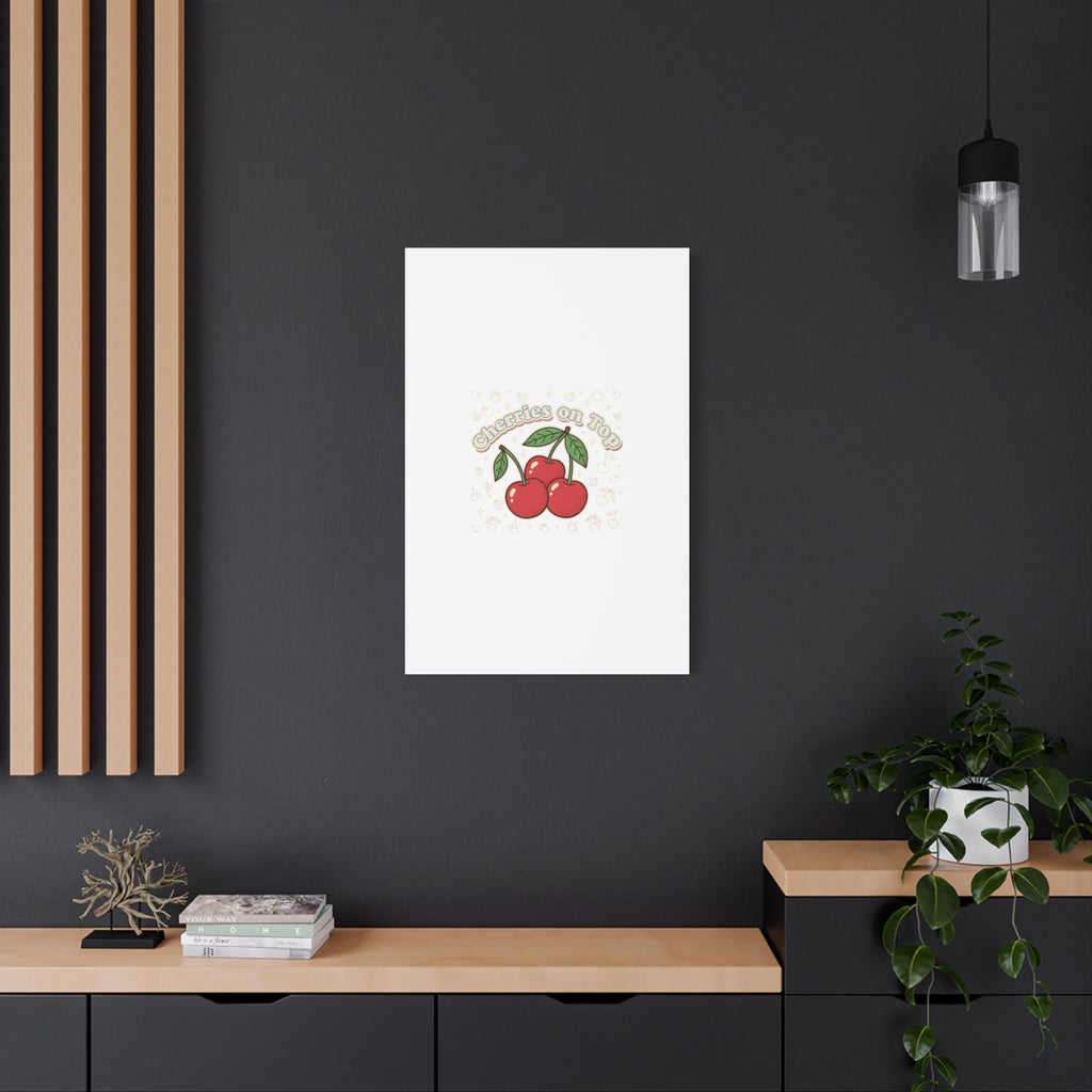 Cherries on Top Canvas | Retro Kawaii Fruit Print, Cherry Wall Art