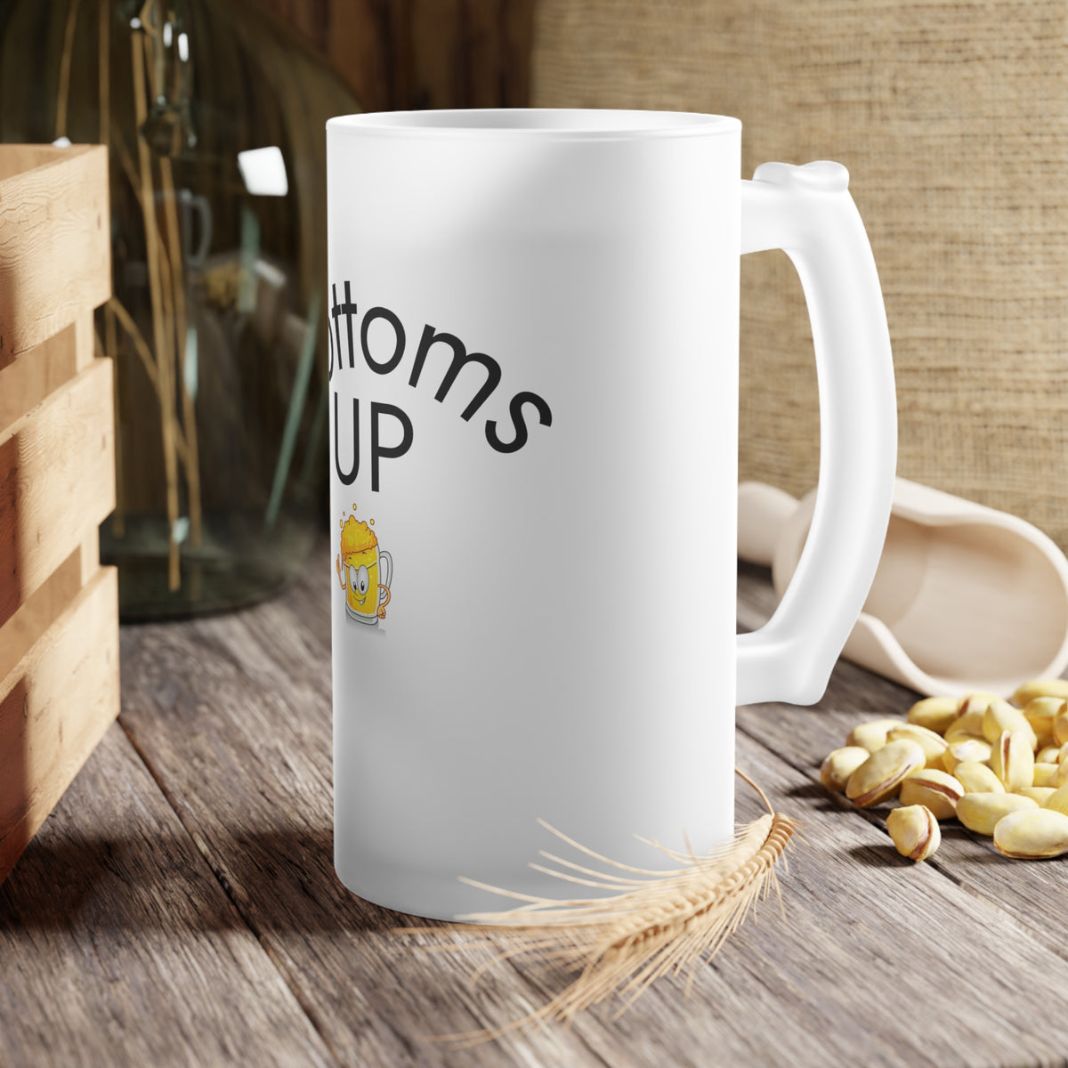 Frosted Beer Mug — "Bottoms Up" Funny Cartoon Beer Stein, Gift for Beer Lovers