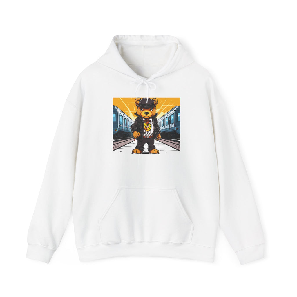 Streetwear Bear Graphic Hoodie | Urban Train Station Illustration