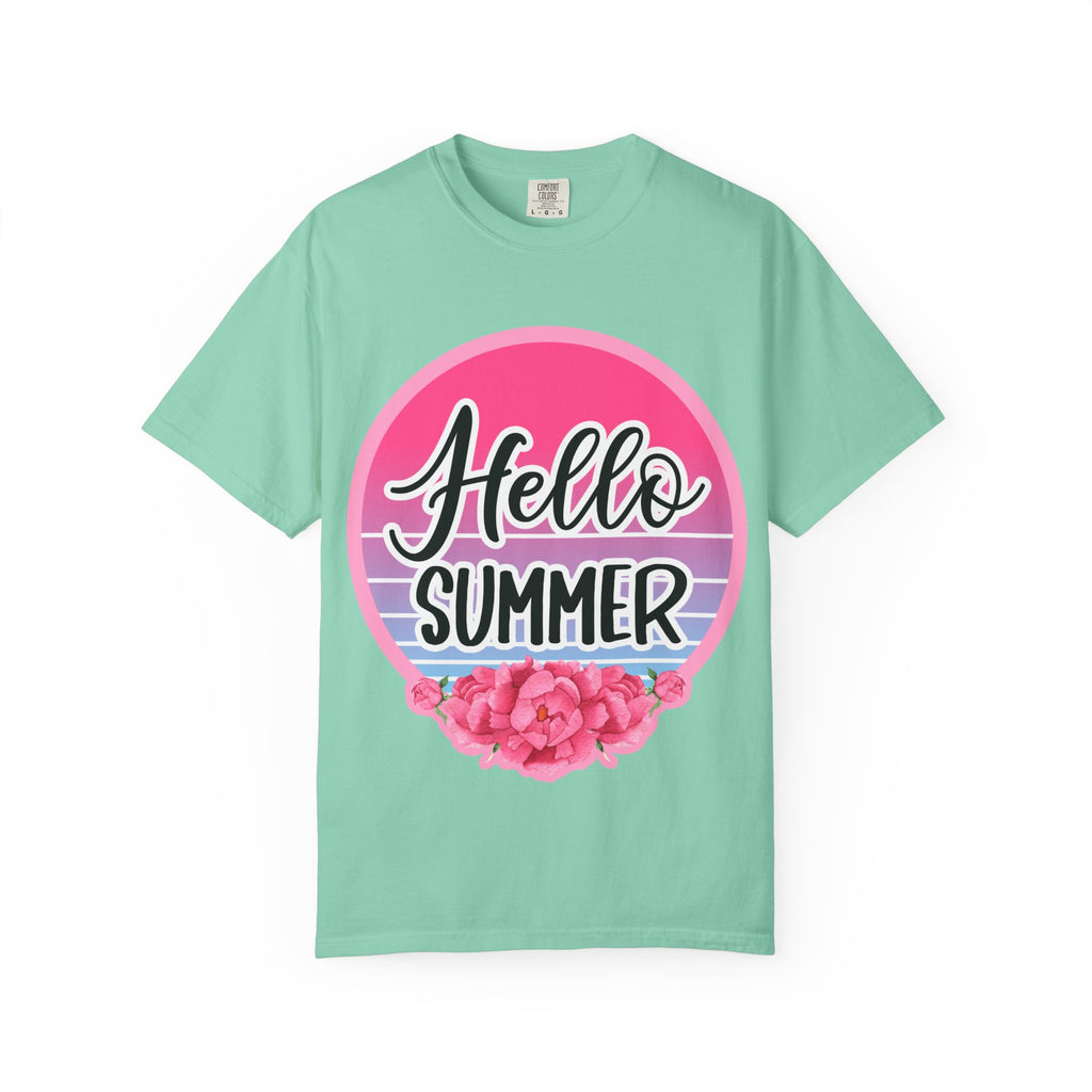 Hello Summer T-Shirt — Pink Retro Sunset Floral Tee