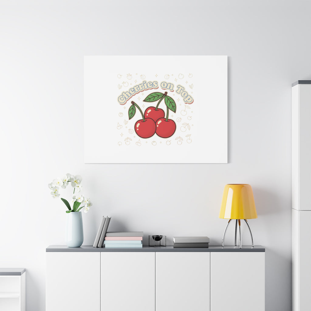 Cherries on Top Canvas | Retro Kawaii Fruit Print, Cherry Wall Art