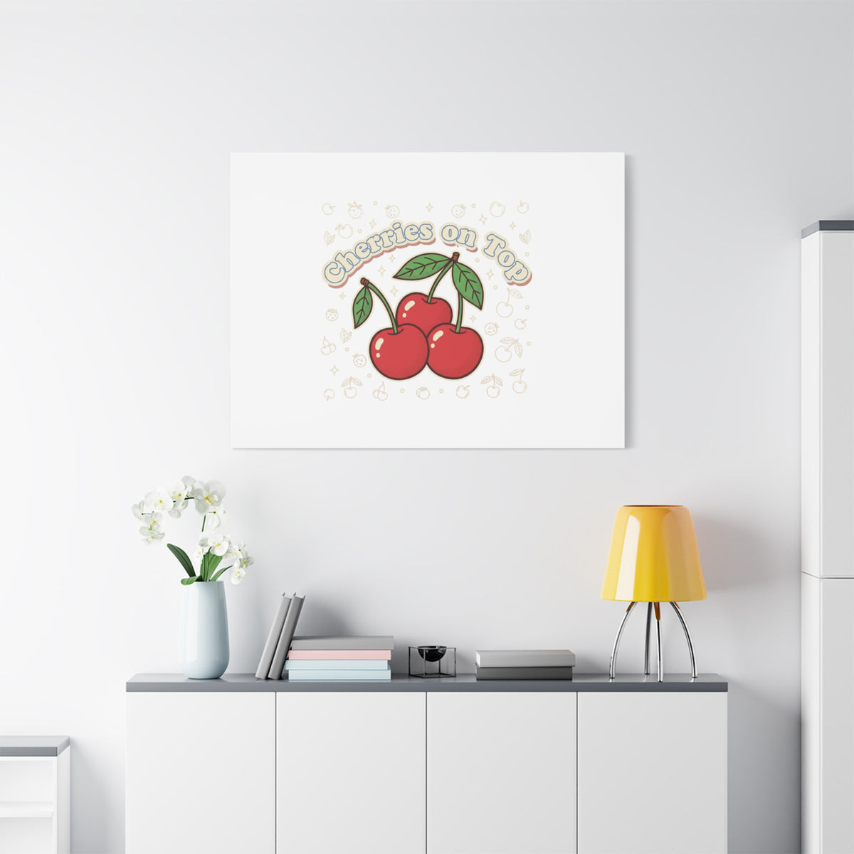 Cherries on Top Canvas | Retro Kawaii Fruit Print, Cherry Wall Art