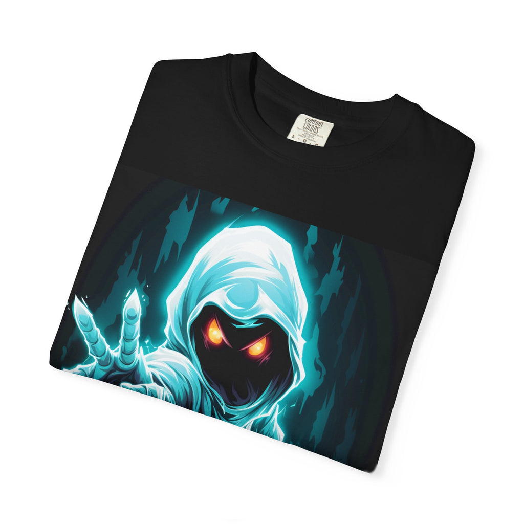 Ghostly Hooded Spirit T-Shirt — Neon Blue Phantom Graphic Tee