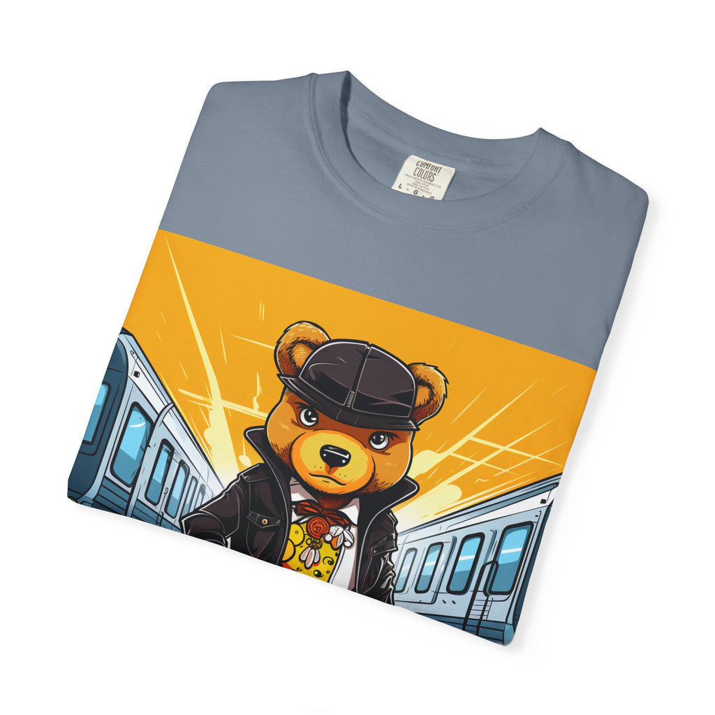 Streetwear Teddy Bear Graphic T-Shirt — Urban Train Station Design