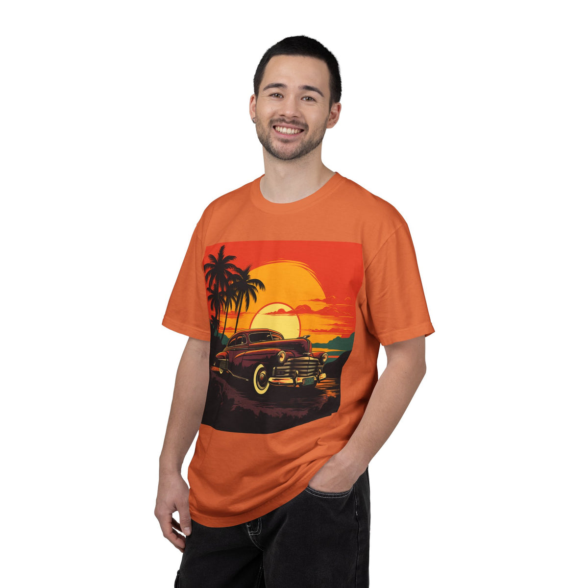 Vintage Sunset Car T‑Shirt — Retro Palm Beach Cruiser Tee